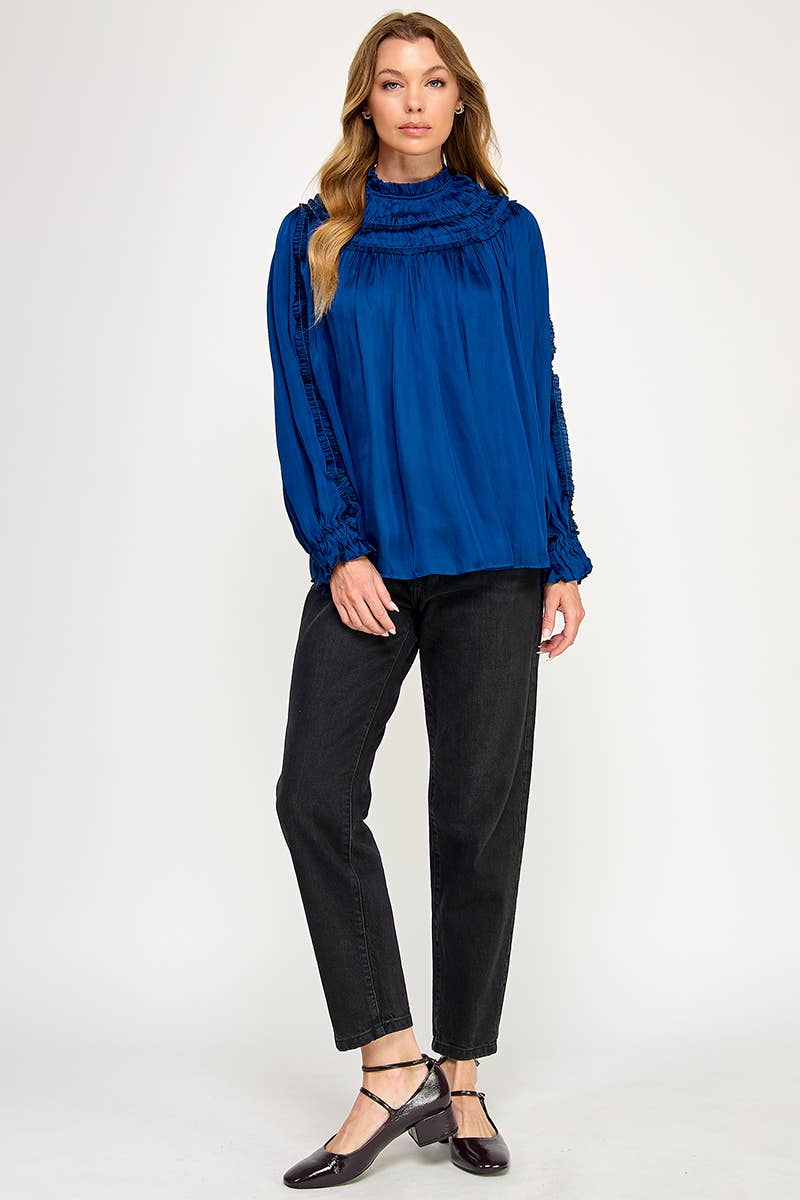 IT3477 - RUFFLED LONG SLEEVES SATIN TOP: GOLD / L