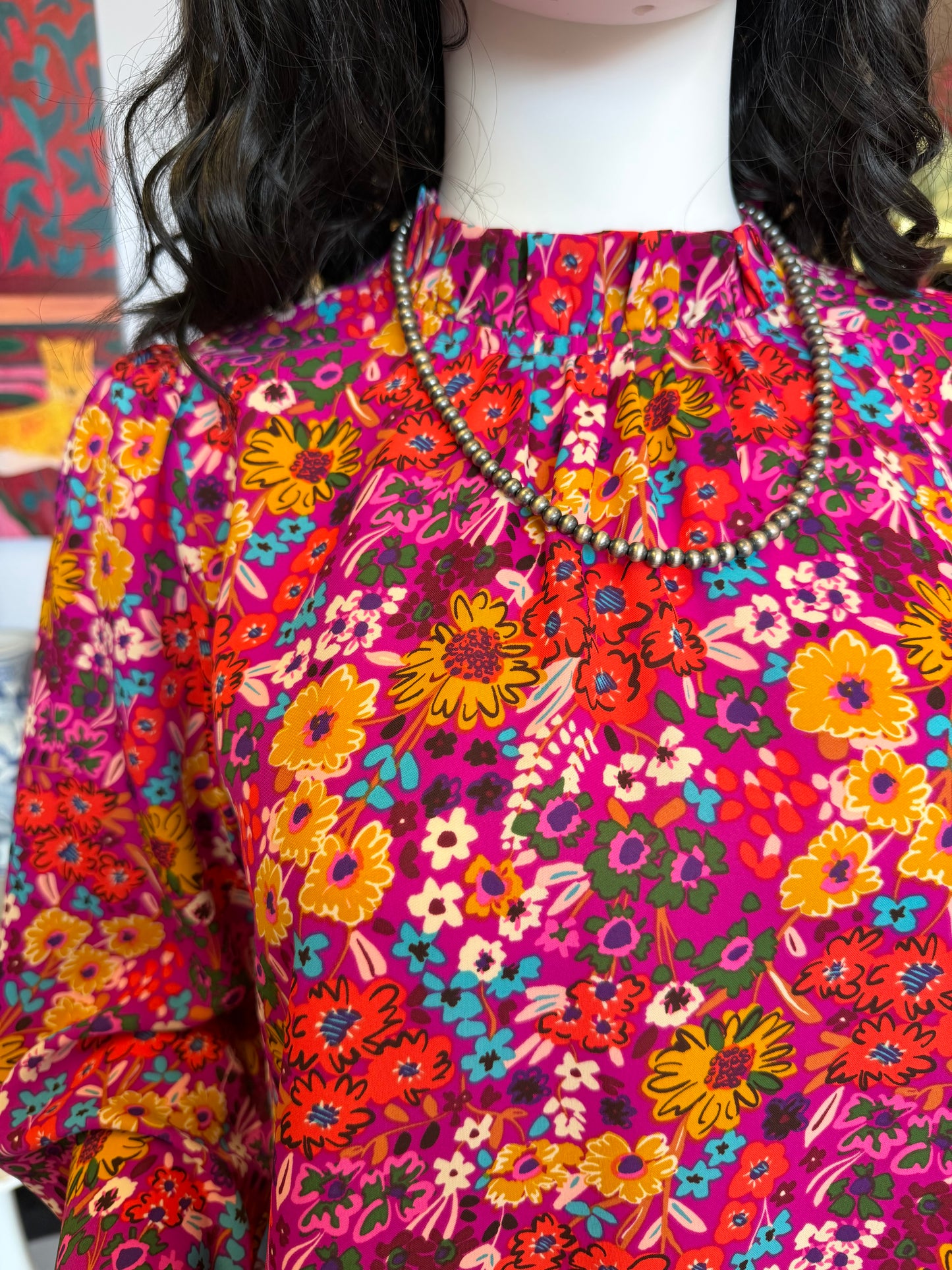 Magenta Floral Flutter Sleeve Top