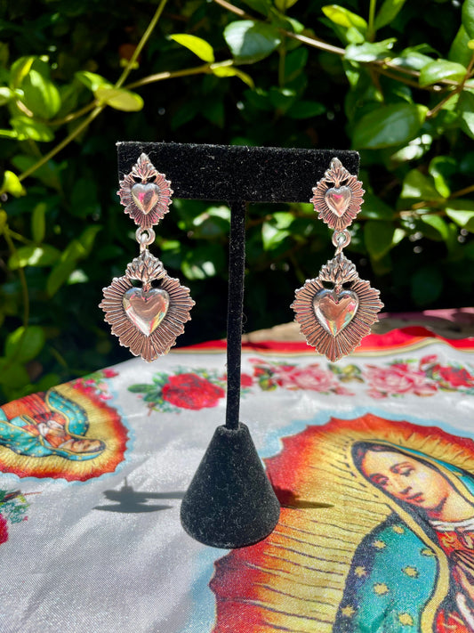 Sterling Silver Sacred Heart Flame Dangle Earrings