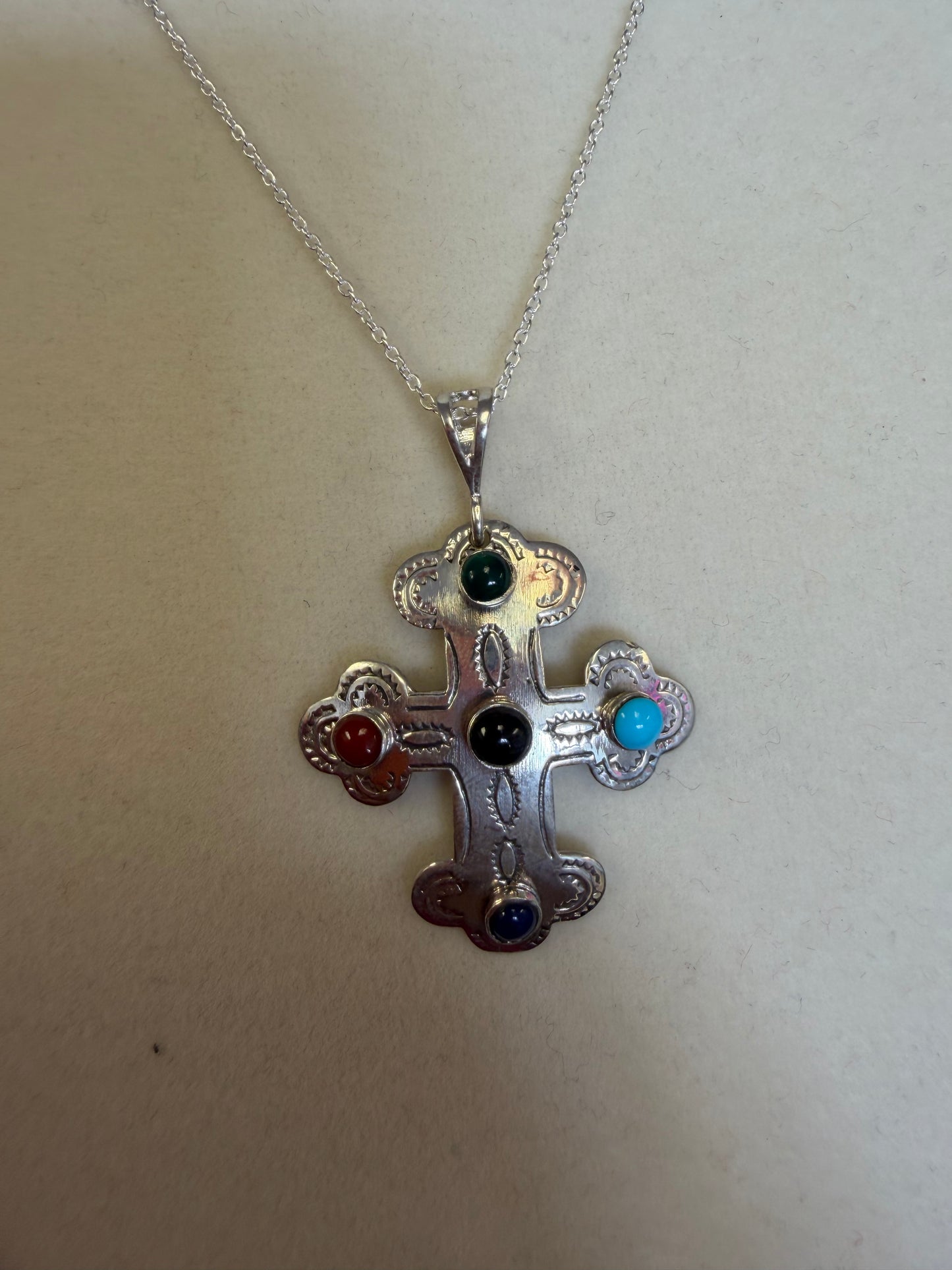 Multi Gemstone Sterling Silver Cross Pendant