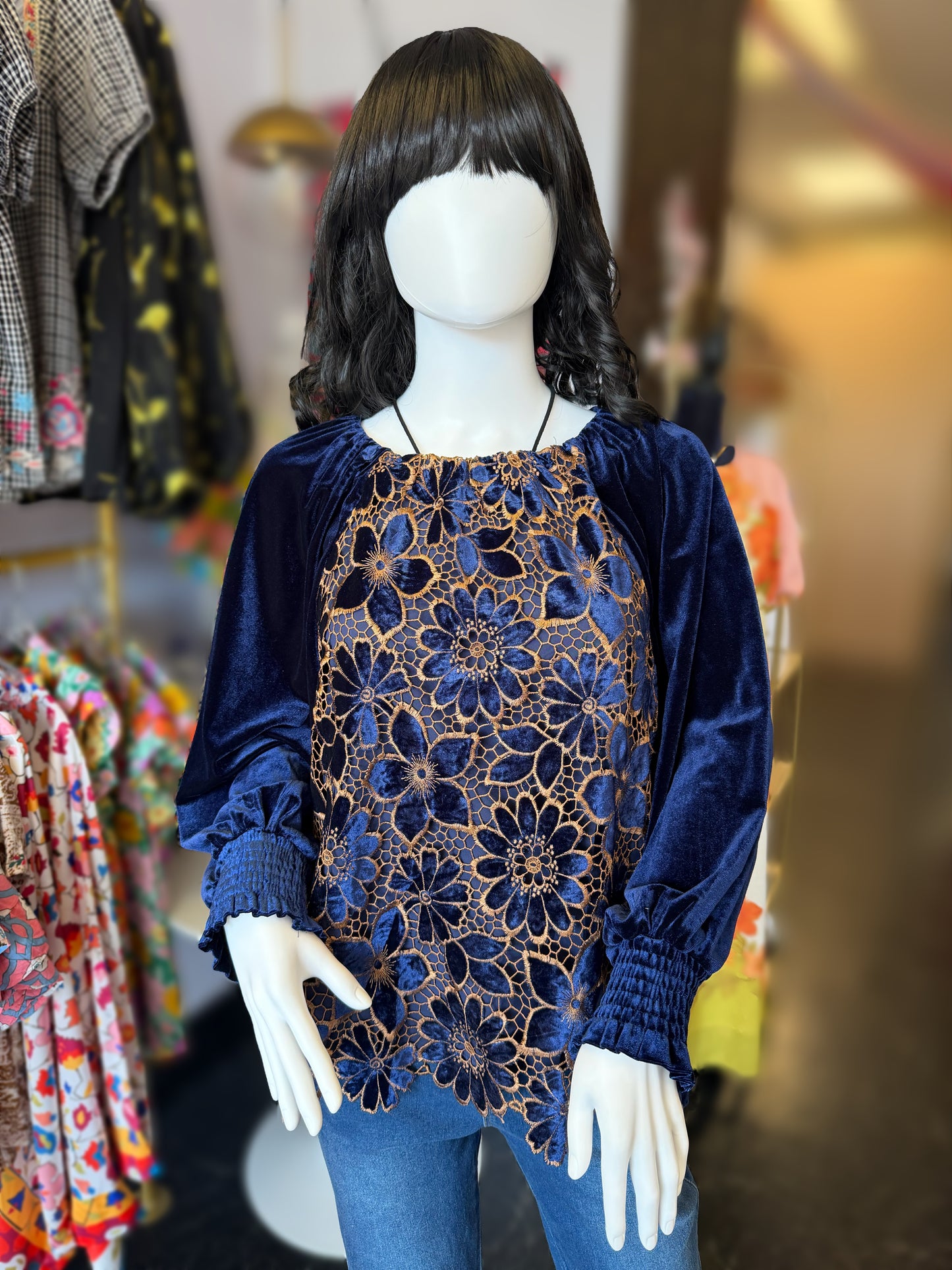Navy Floral Lace Velvet Top