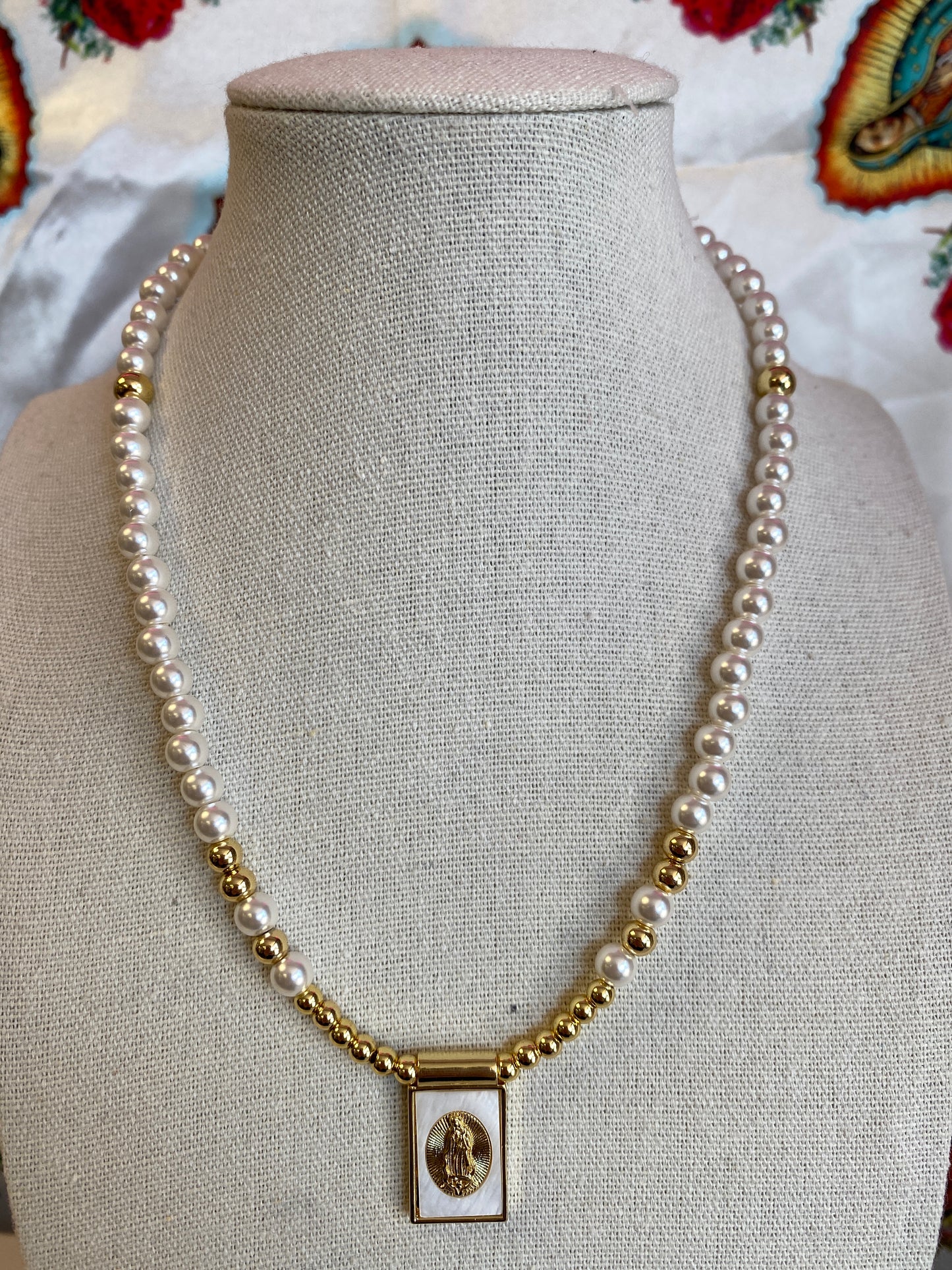 White & Gold Religious Beaded Necklace