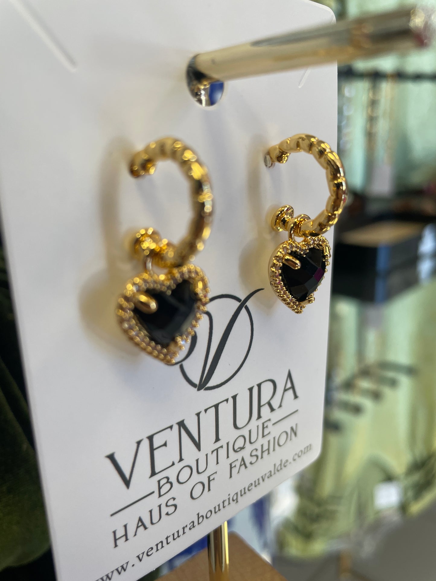 Gold Hoop Black Heart Earrings