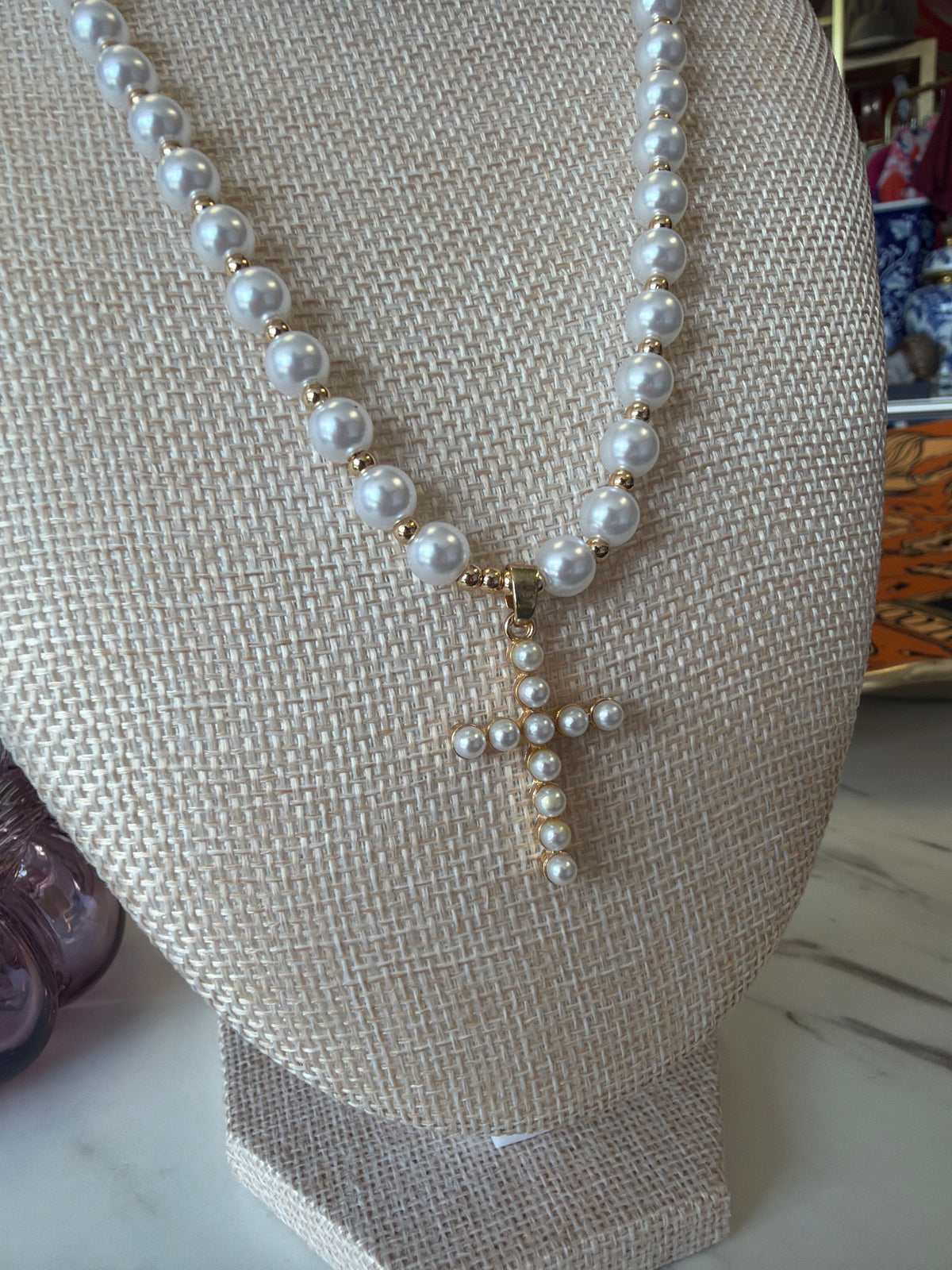 Fashion Pearl & Gold Beaded Cross Necklace