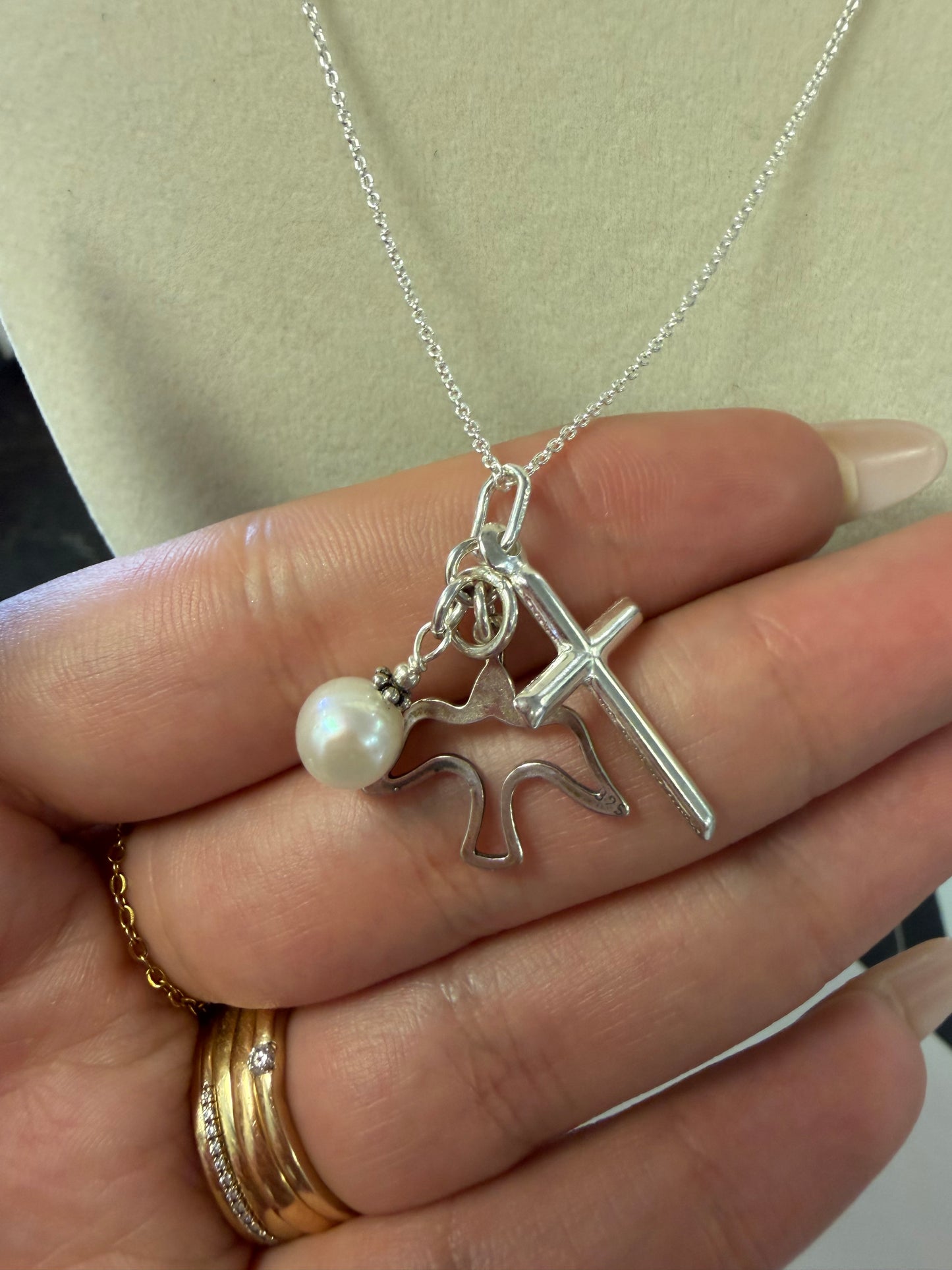 Sterling Silver Charm Necklace Pearl, Cross, And Dove