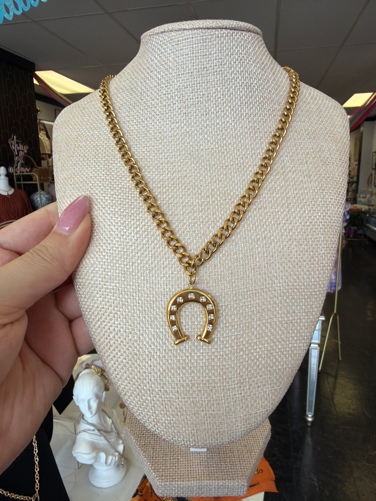 Stainless Steel Gold Plated Horseshoe Bling Necklace