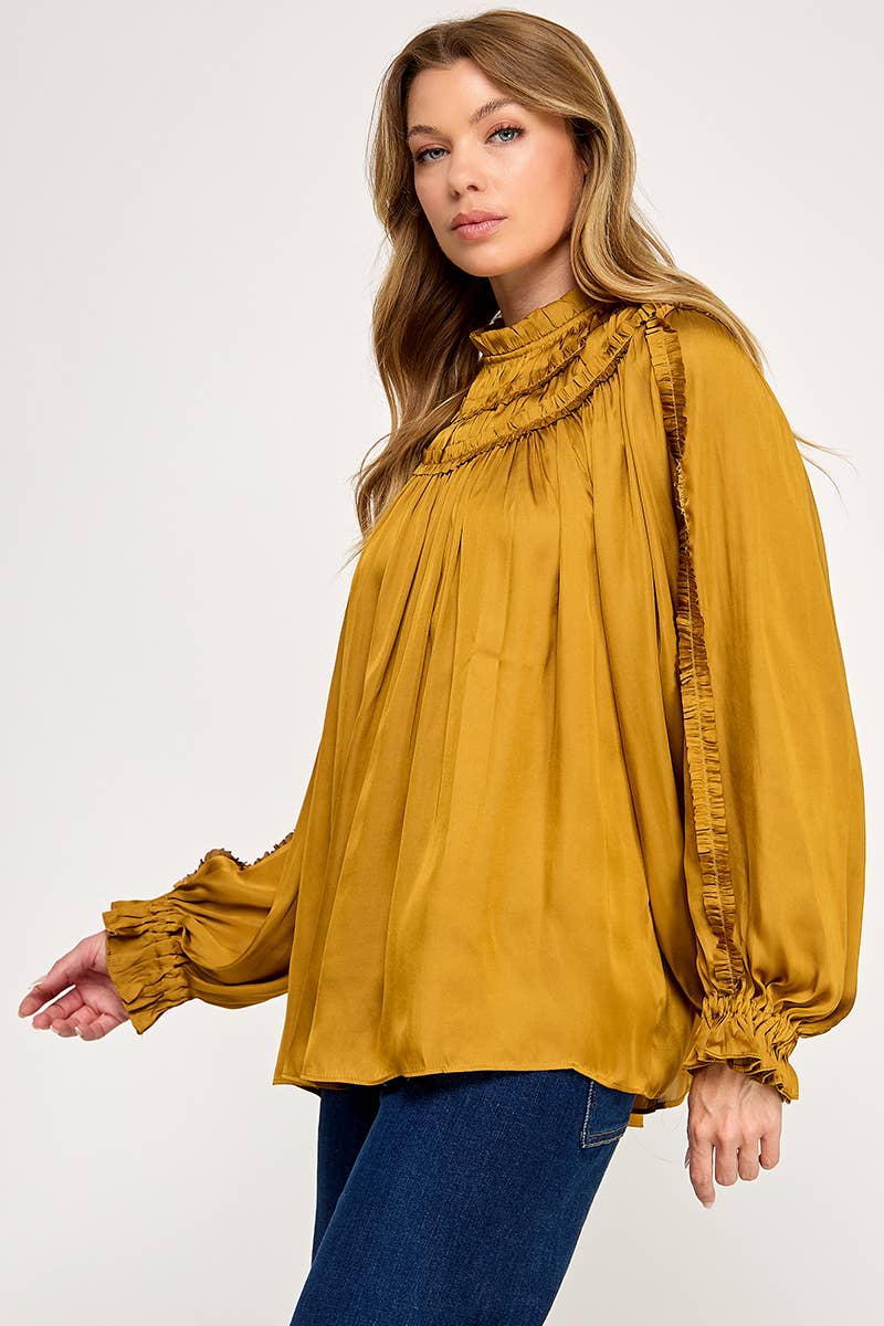 IT3477 - RUFFLED LONG SLEEVES SATIN TOP: GOLD / L