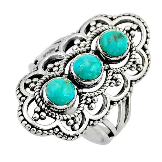 size 7.5 3 stone natural green turquoise 925 silver ring