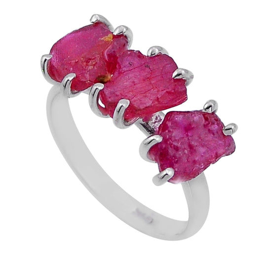 3 stone natural pink ruby rough 925 sterling silver ring size 7