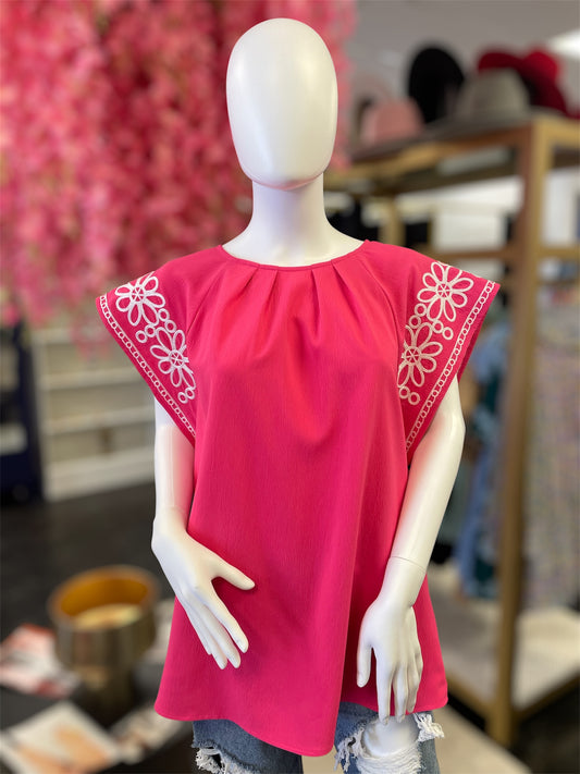 Pink Embroidered Sleeve Floral Top (Curvy)