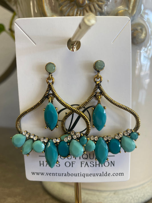 Antique Gold Post Drop Blue Stone Earrings