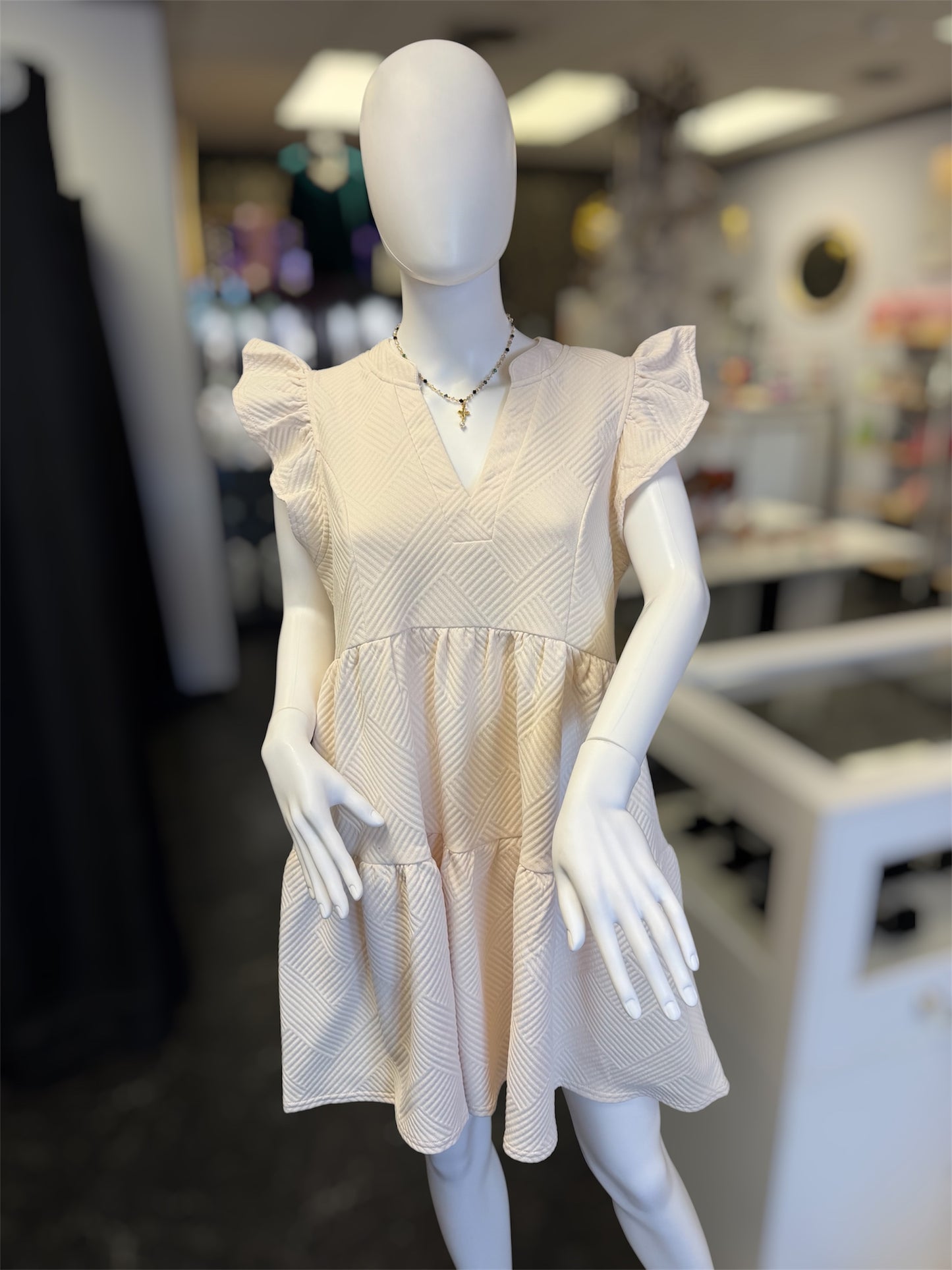 Criss Cross Lightweight Jacquard Split Neck Tiered Short Dress with Ruffle Sleeves