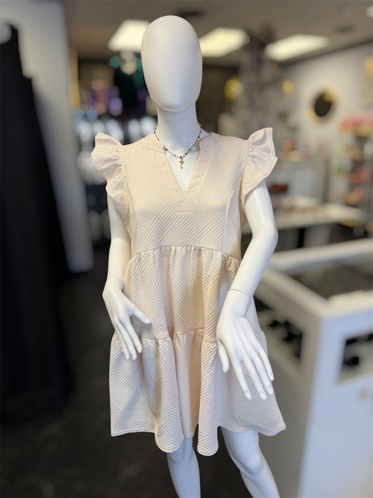 Criss Cross Lightweight Jacquard Split Neck Tiered Short Dress with Ruffle Sleeves