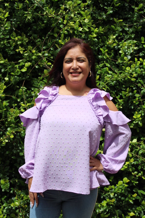 LAVENDER COLD SHOULDER SELF DOT BLOUSE