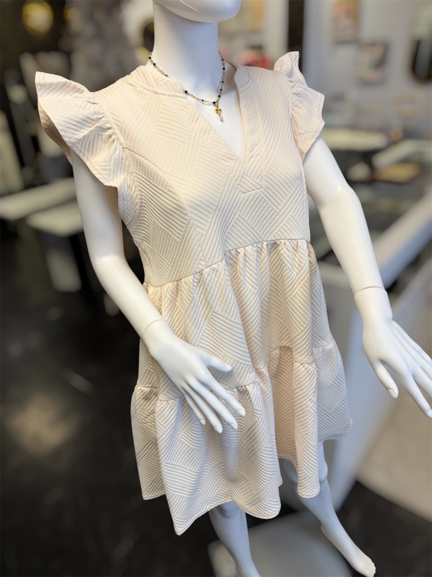 Criss Cross Lightweight Jacquard Split Neck Tiered Short Dress with Ruffle Sleeves