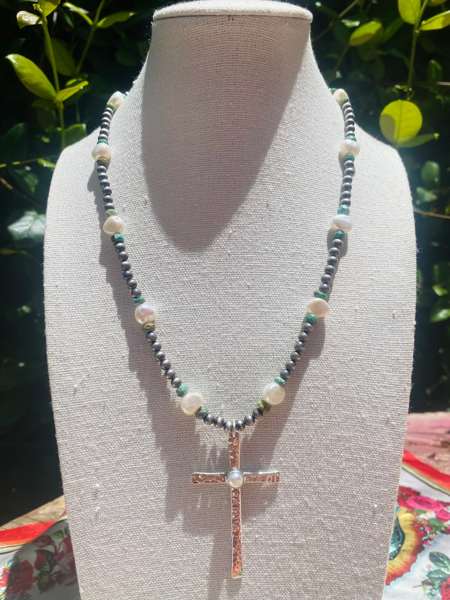 Sterling Silver Multi Gemstone Cross Necklace Turquoise & Pearl