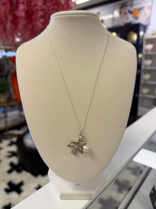 Sterling Silver Charm Necklace Pearl, Cross, And Dove
