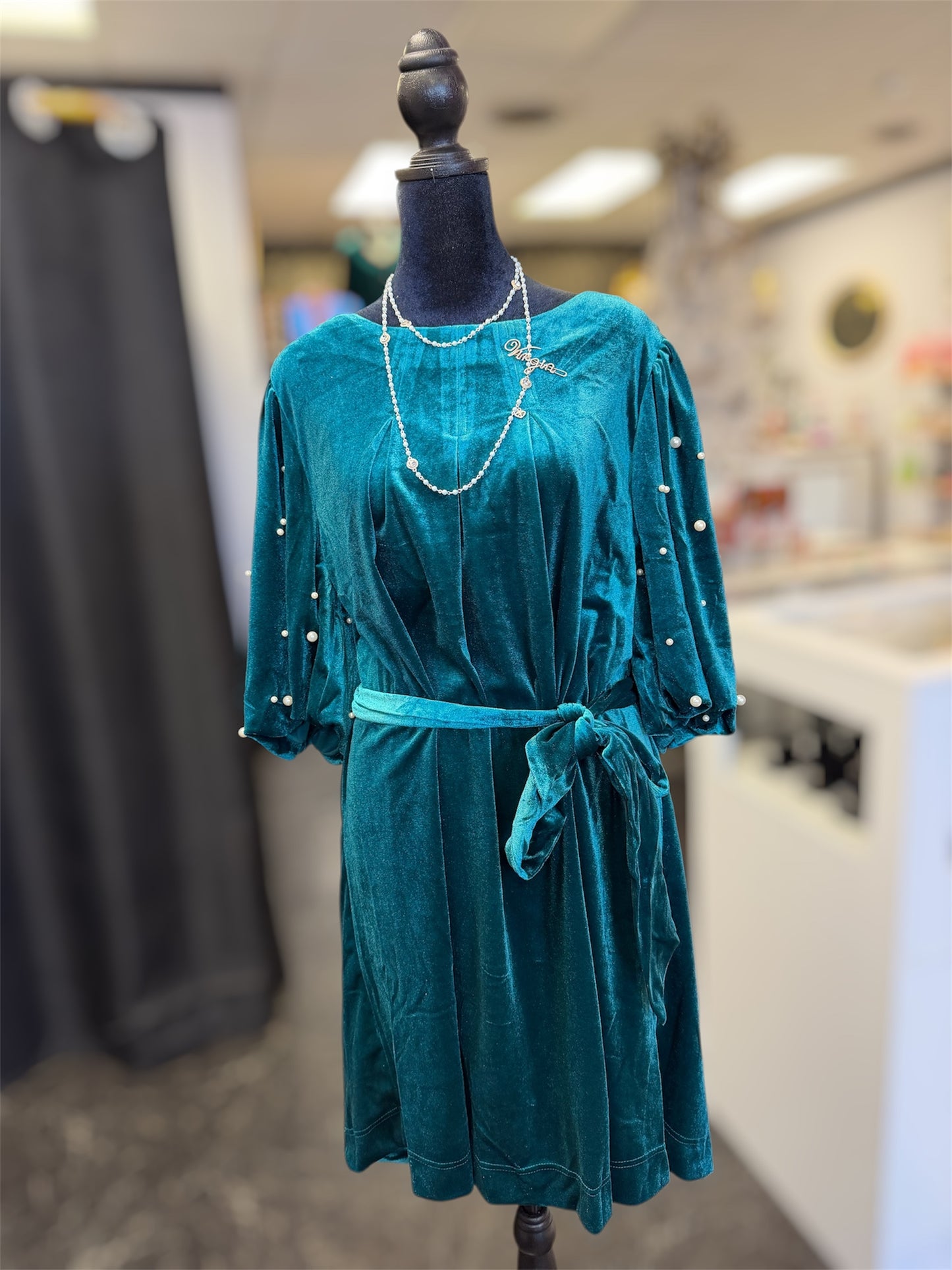 Emerald City Velvet Pearl Balloon Sleeve Dress