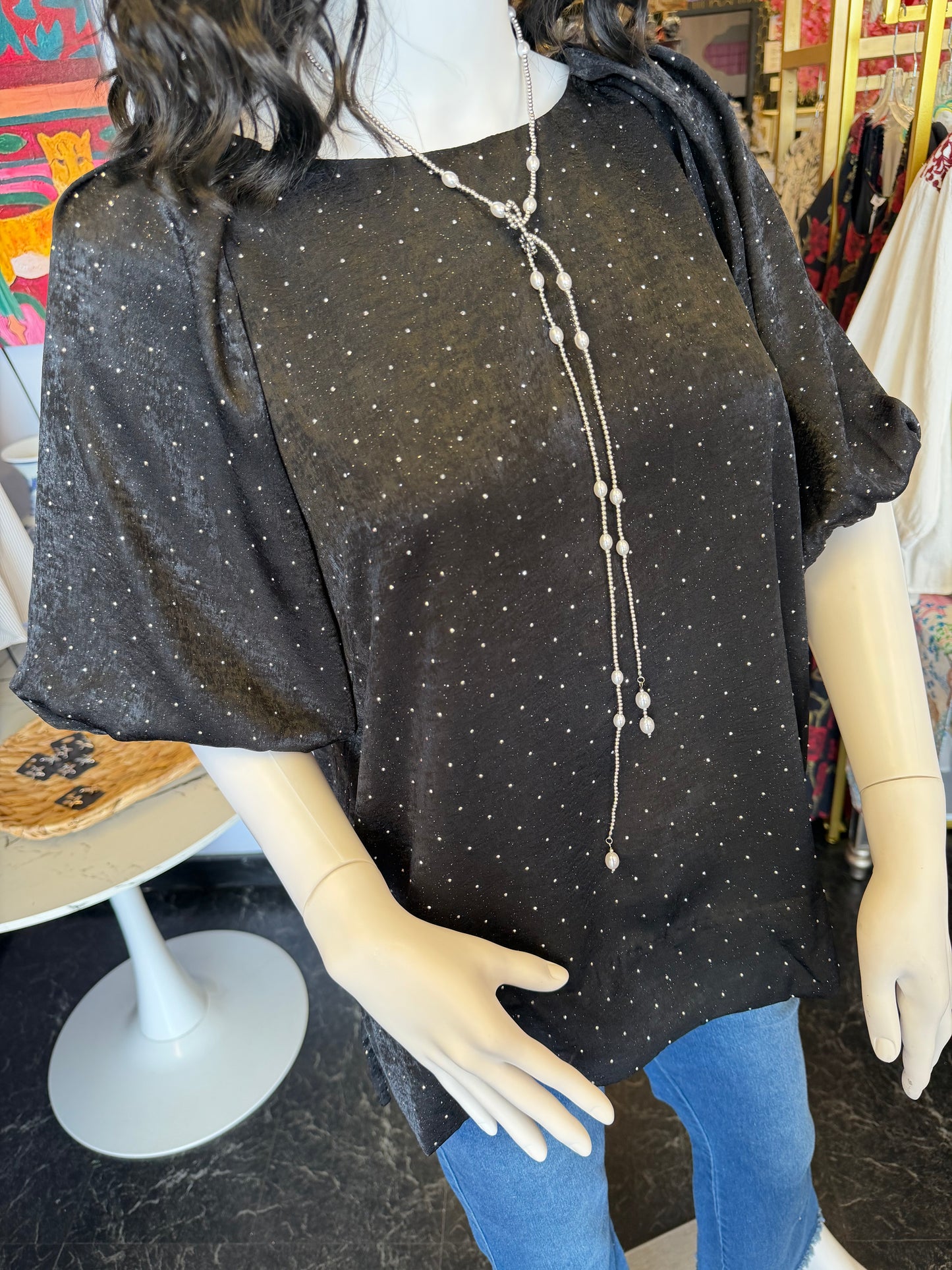 Rhinestone Satin Round Neck Blouse