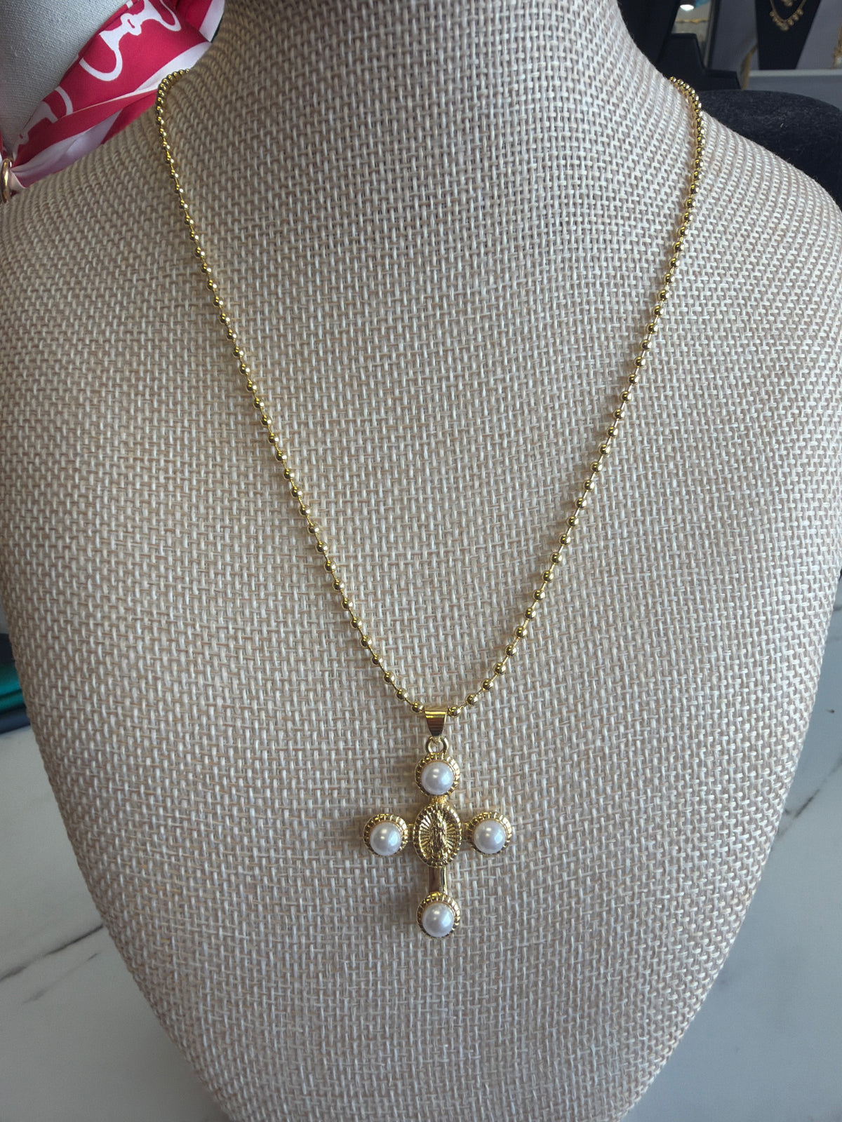 Gold & Pearl Virgin Mary Mini Cross Necklace