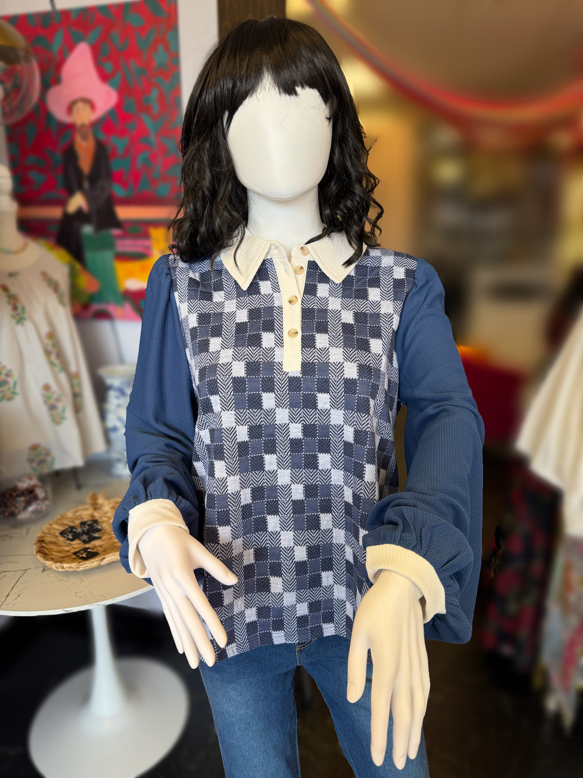 Blue & White Checker Collar Sweater Top