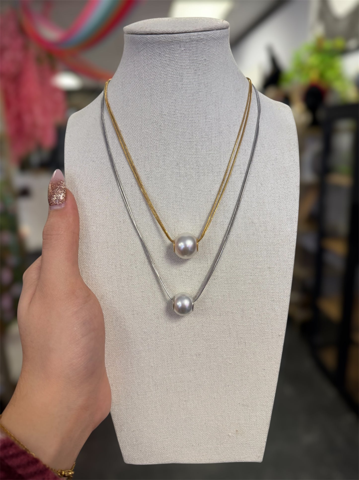 Double Strand Stainless Imitation Pearl Necklace
