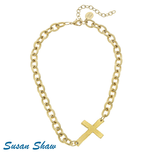 Hand cast Gold "Sideways Cross" Necklace