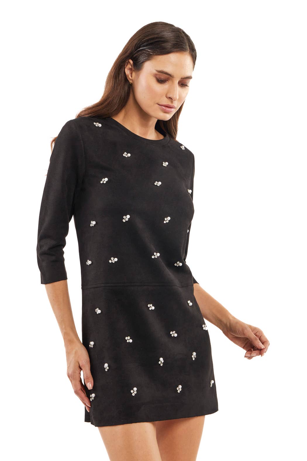 Vegan Suede Black Embellished 3/4 Sleeve Dress