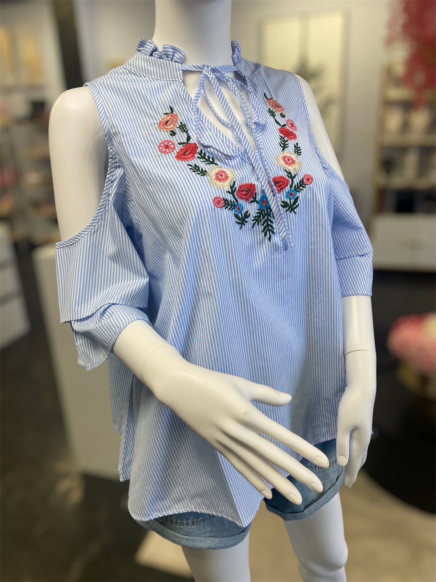 White & Blue Embroidered Cold Shoulder Top