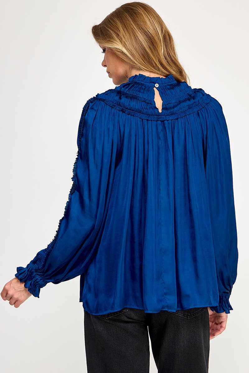 IT3477 - RUFFLED LONG SLEEVES SATIN TOP: GOLD / L