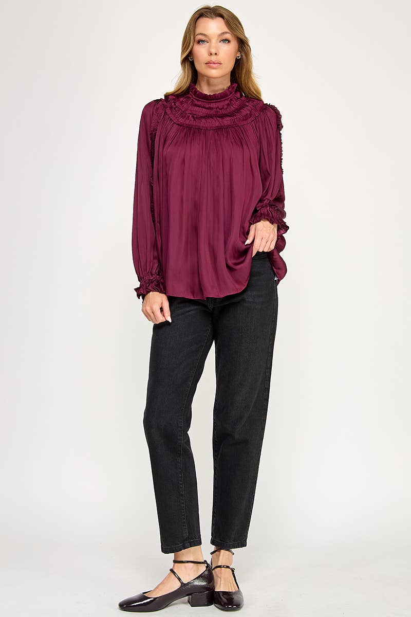IT3477 - RUFFLED LONG SLEEVES SATIN TOP: GOLD / M