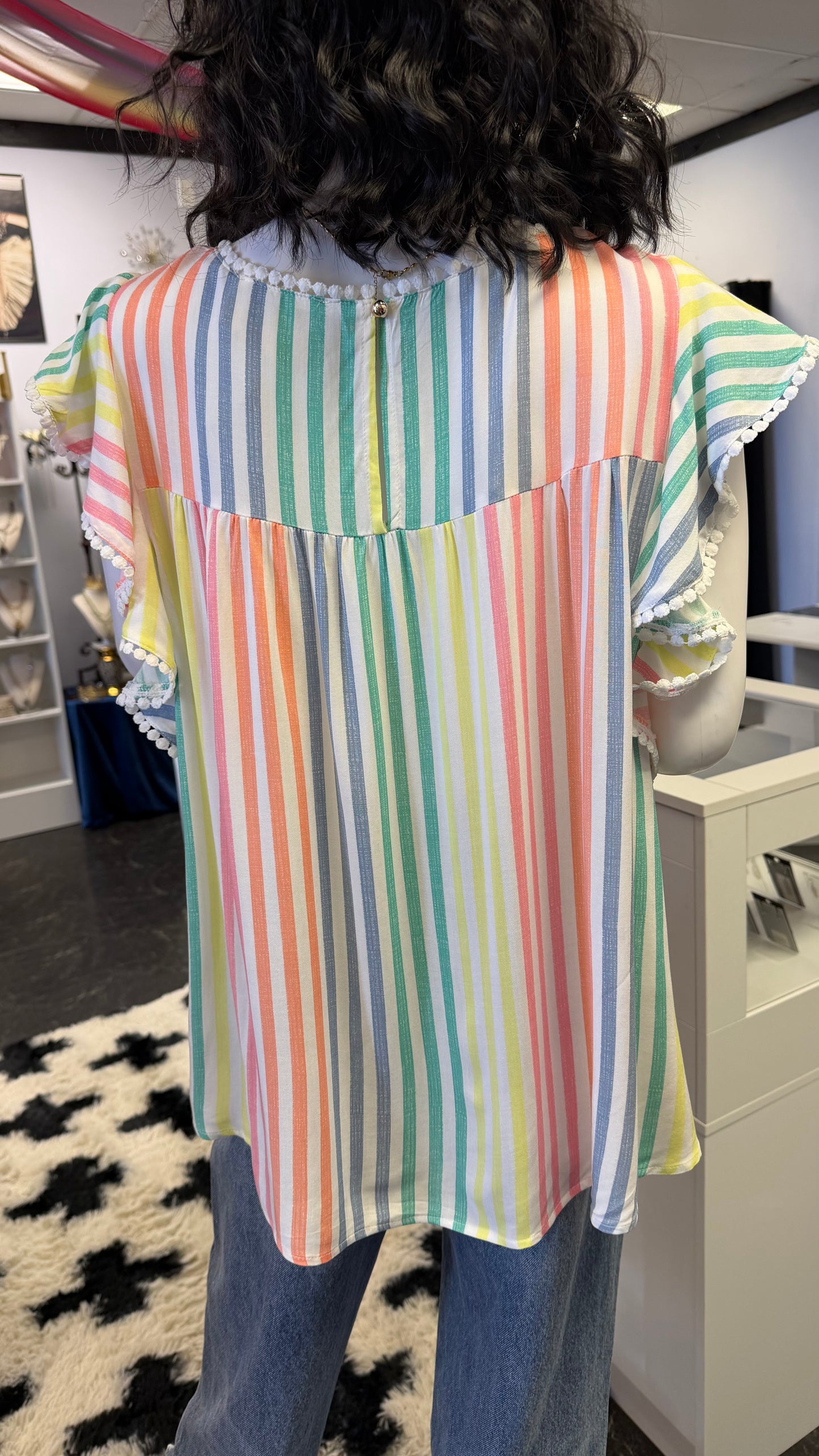Easter Stripes Colorful Floral Embroidered Flutter Top