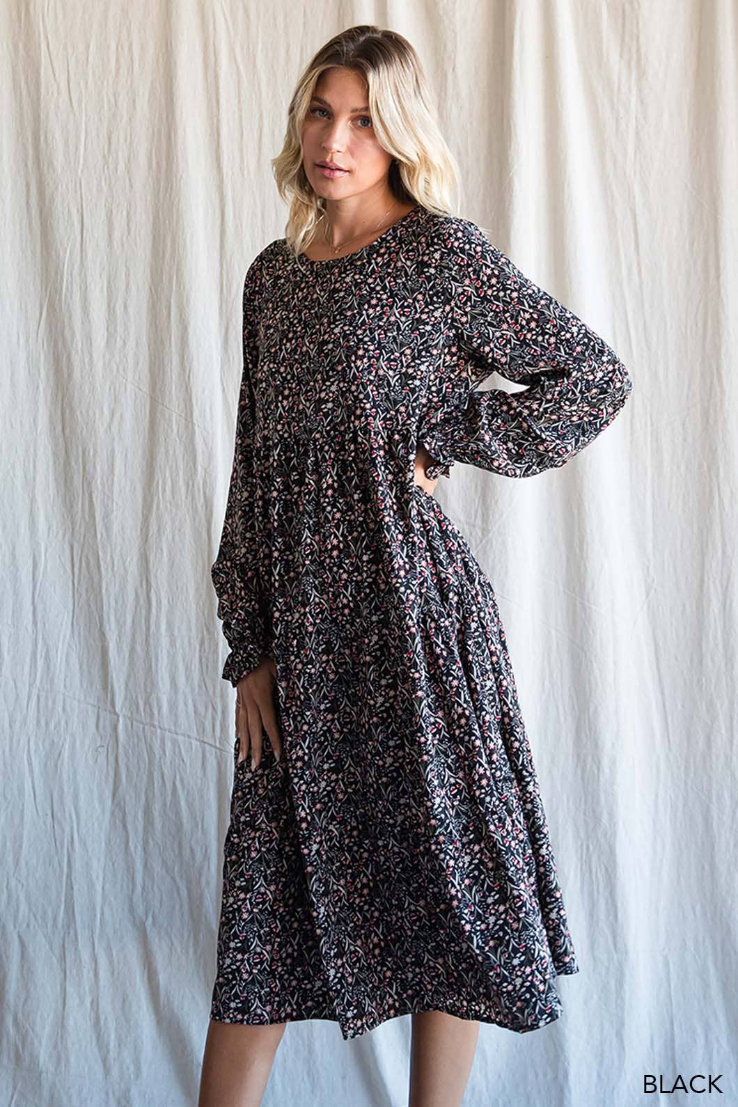 Soft Ditzy Floral Printed Midi Dress