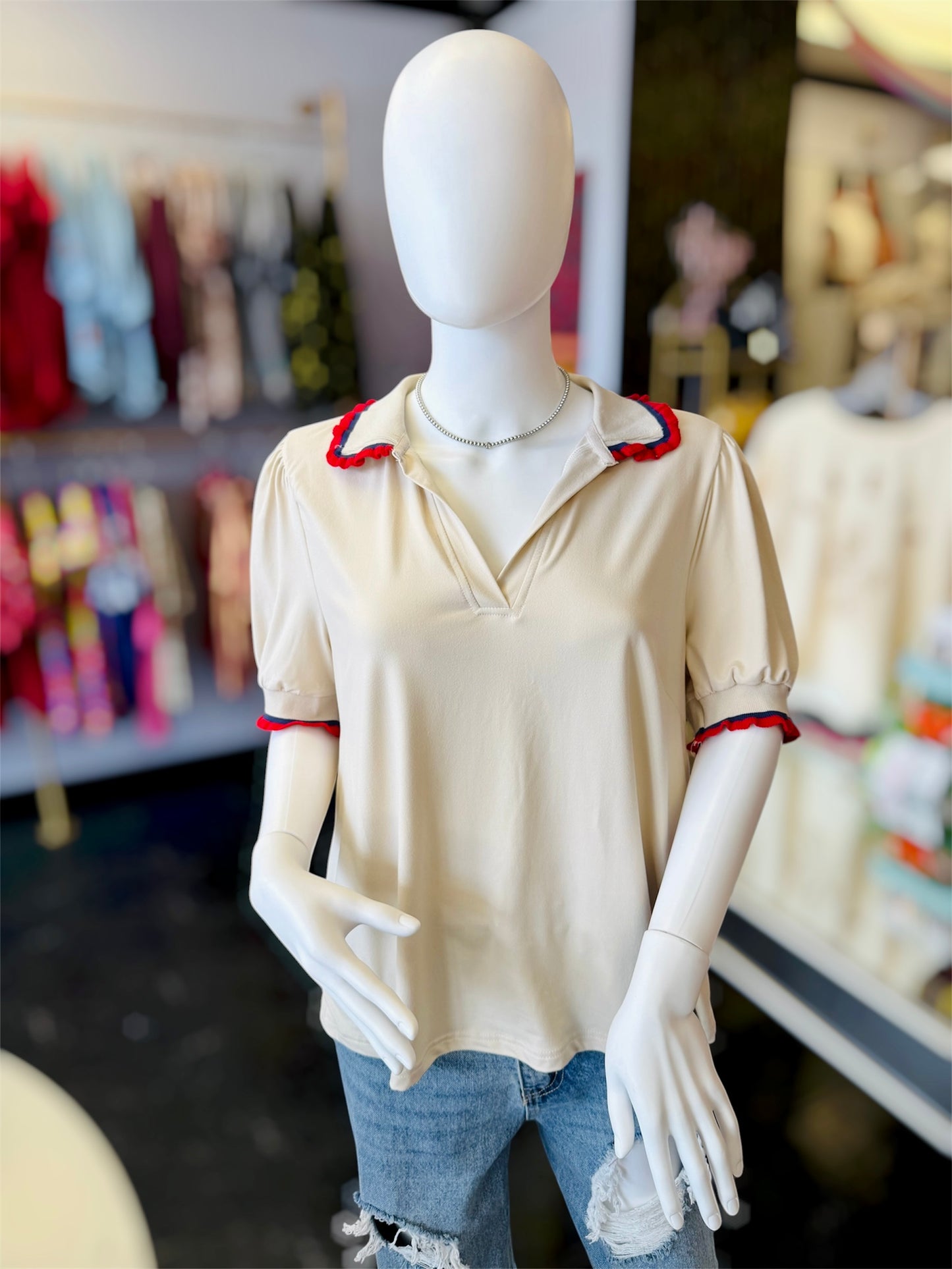 Ecru Ruffle Polo Tee