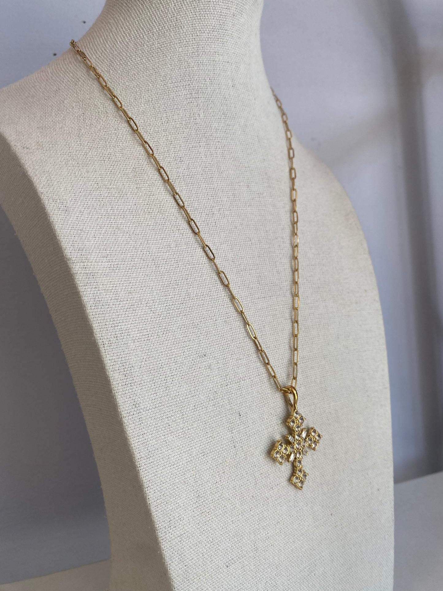 Gold Plated Stainless Steel Crystal Cross Necklace