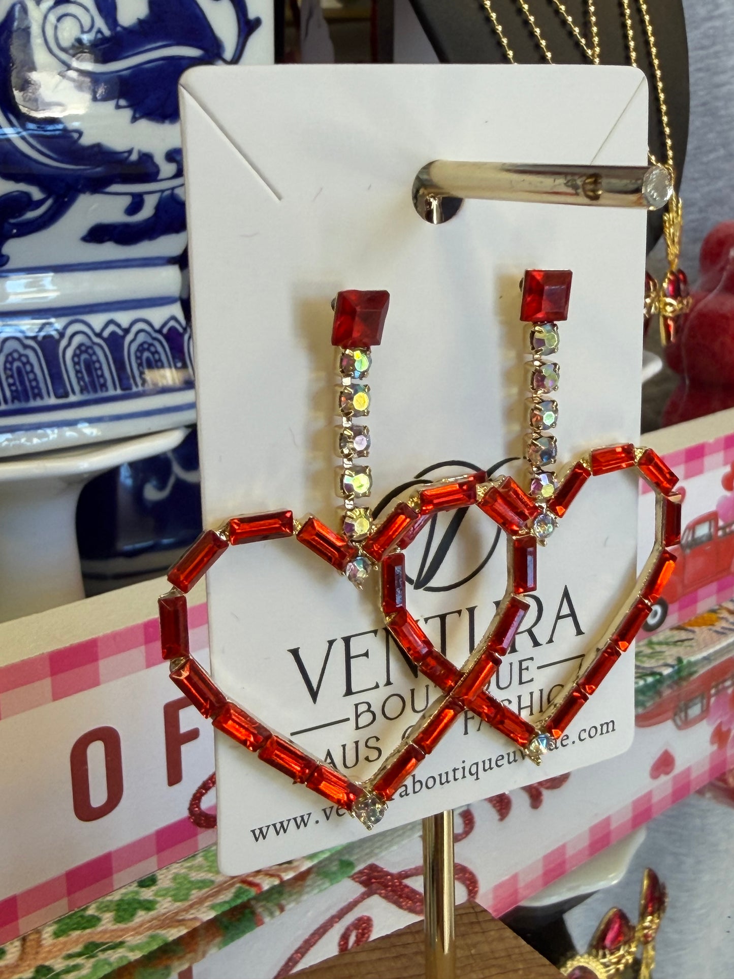 Red Crystal AB Stone Drop Heart Earrings