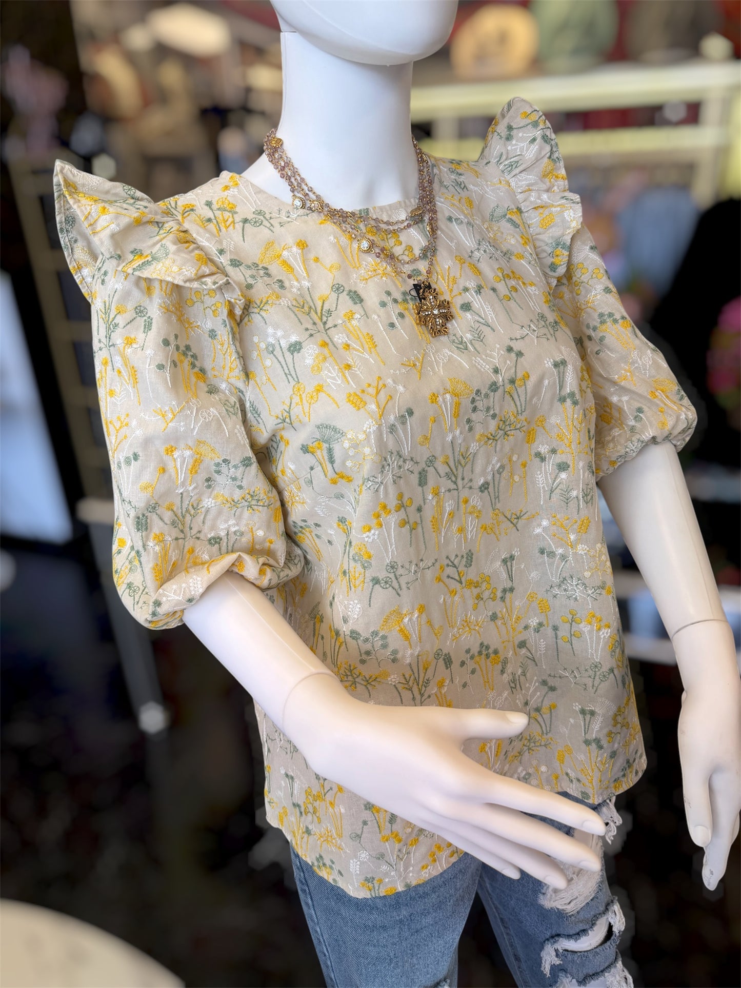 Spring Flowers Embroidered Flutter Sleeve Top