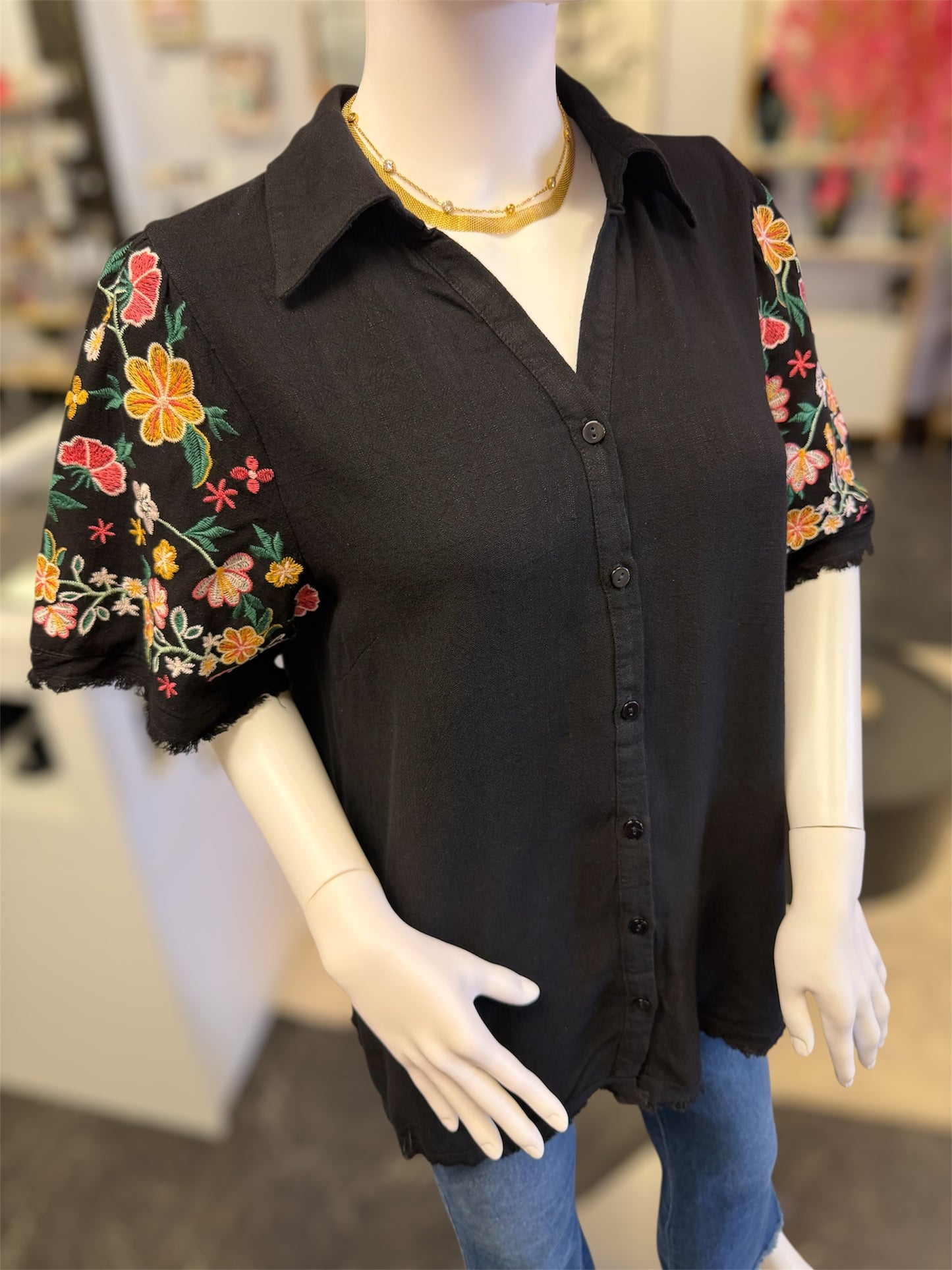 Black Linen Shirt With Embroidered Sleeves