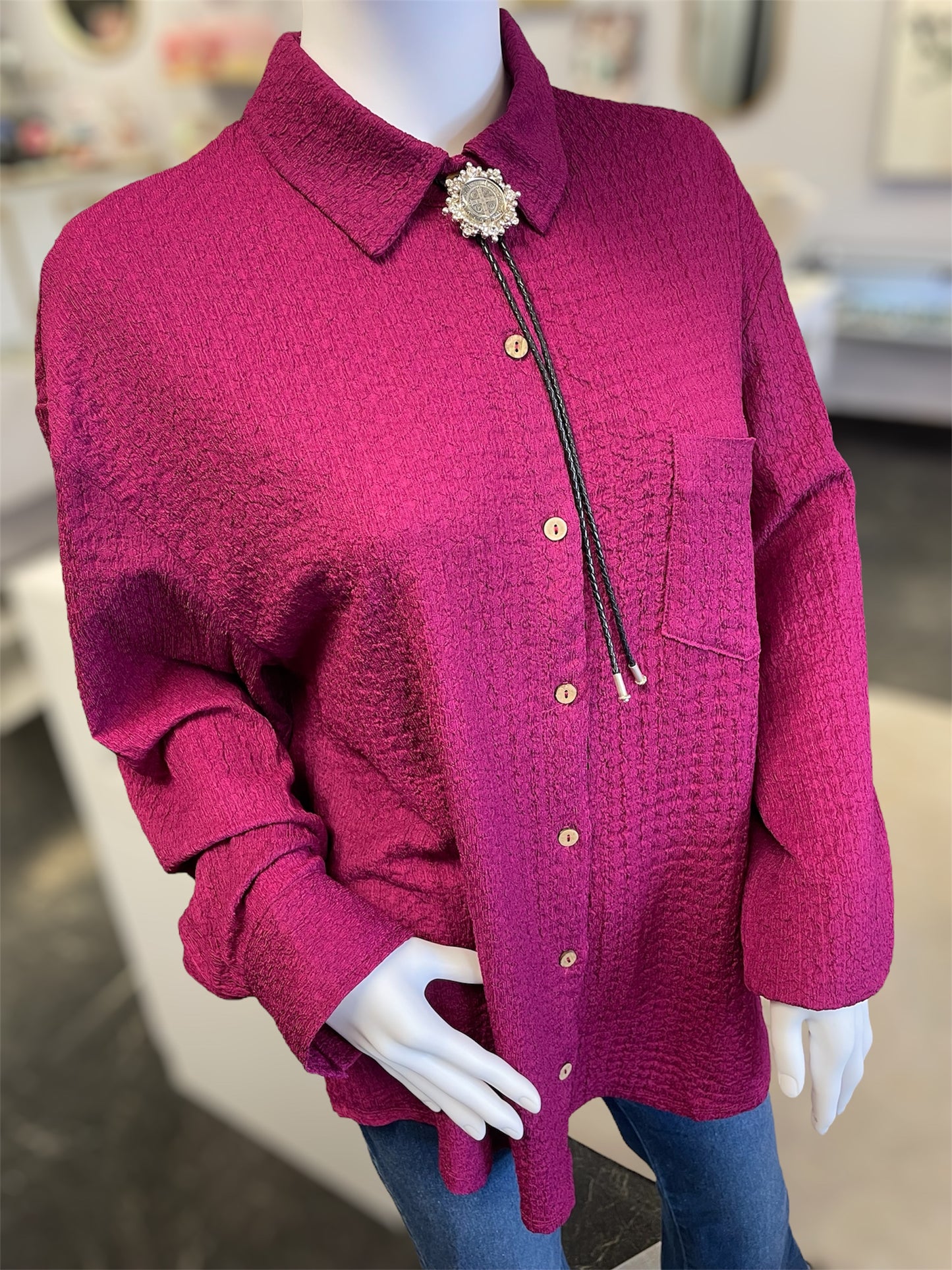 Magenta Textured Button-down Top