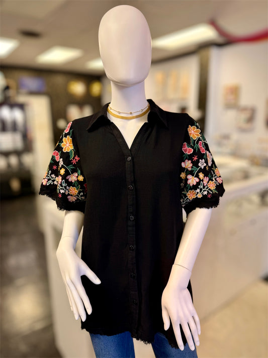 Black Linen Shirt With Embroidered Sleeves