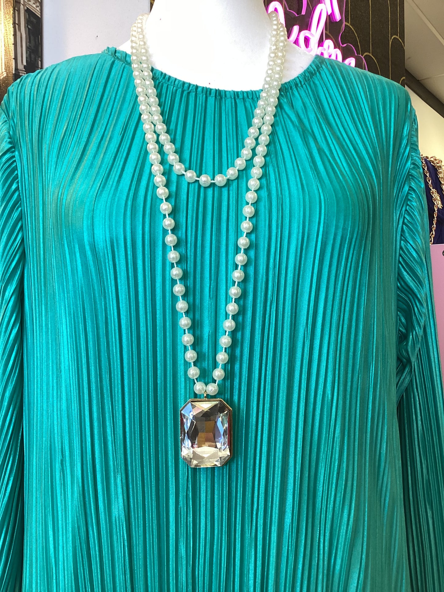 Long Faux Pearl Bejeweled Necklace