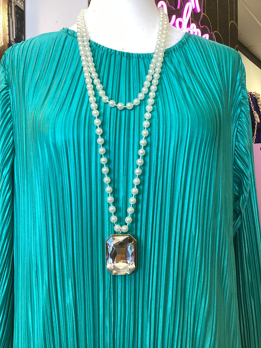 Long Faux Pearl Bejeweled Necklace