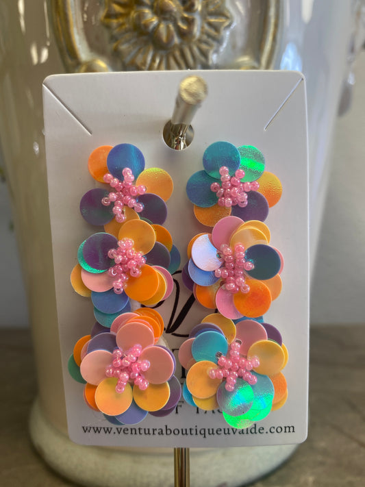 Floral Sequins Beaded Drop Stud Earrings