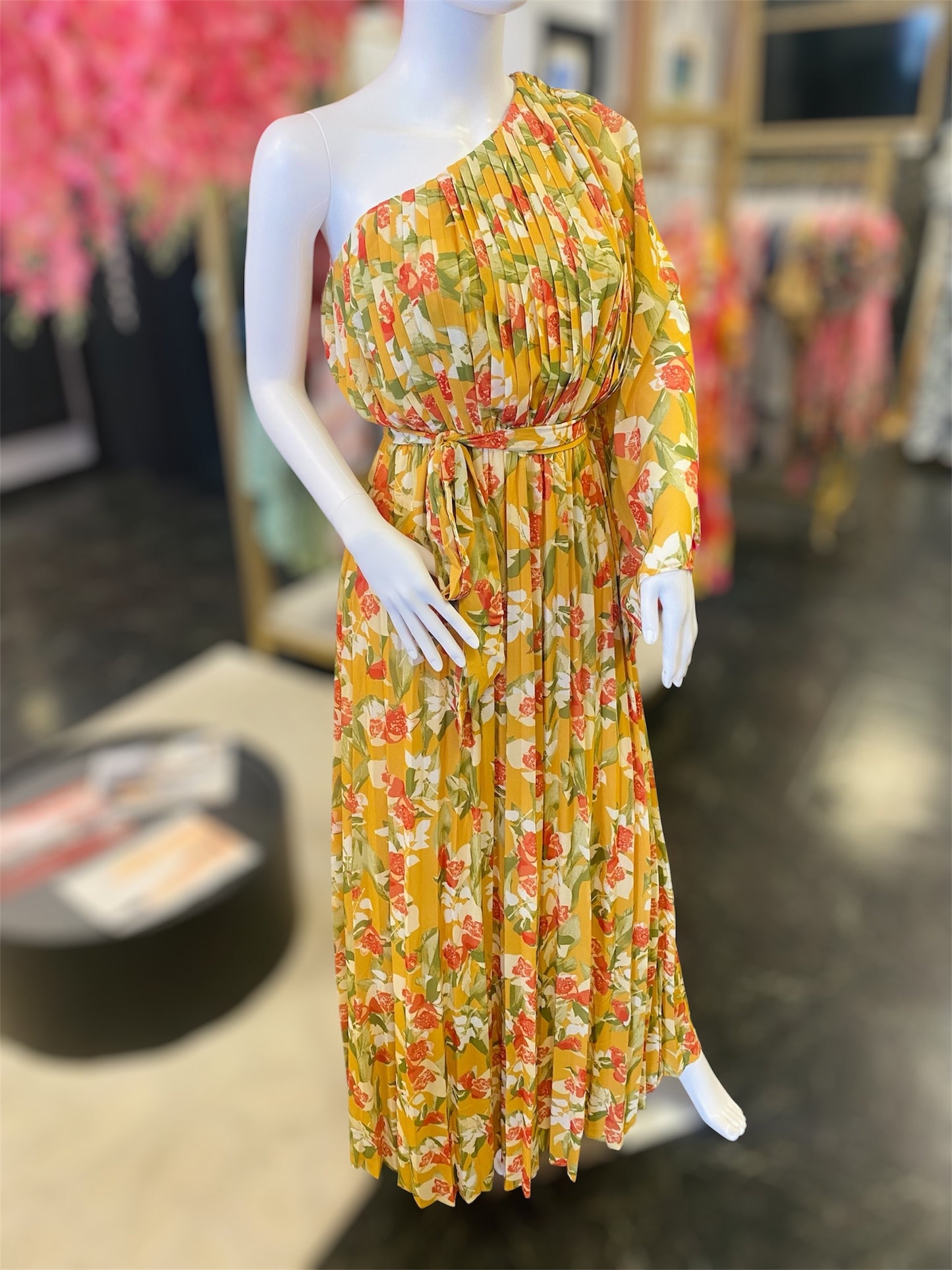 Floral One Shoulder Long Sleeve Tie Maxi Dress
