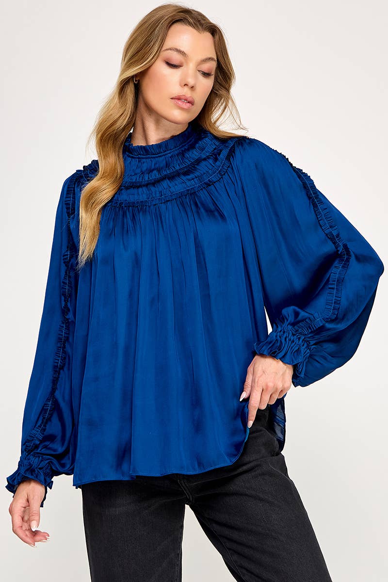 IT3477 - RUFFLED LONG SLEEVES SATIN TOP: GOLD / L