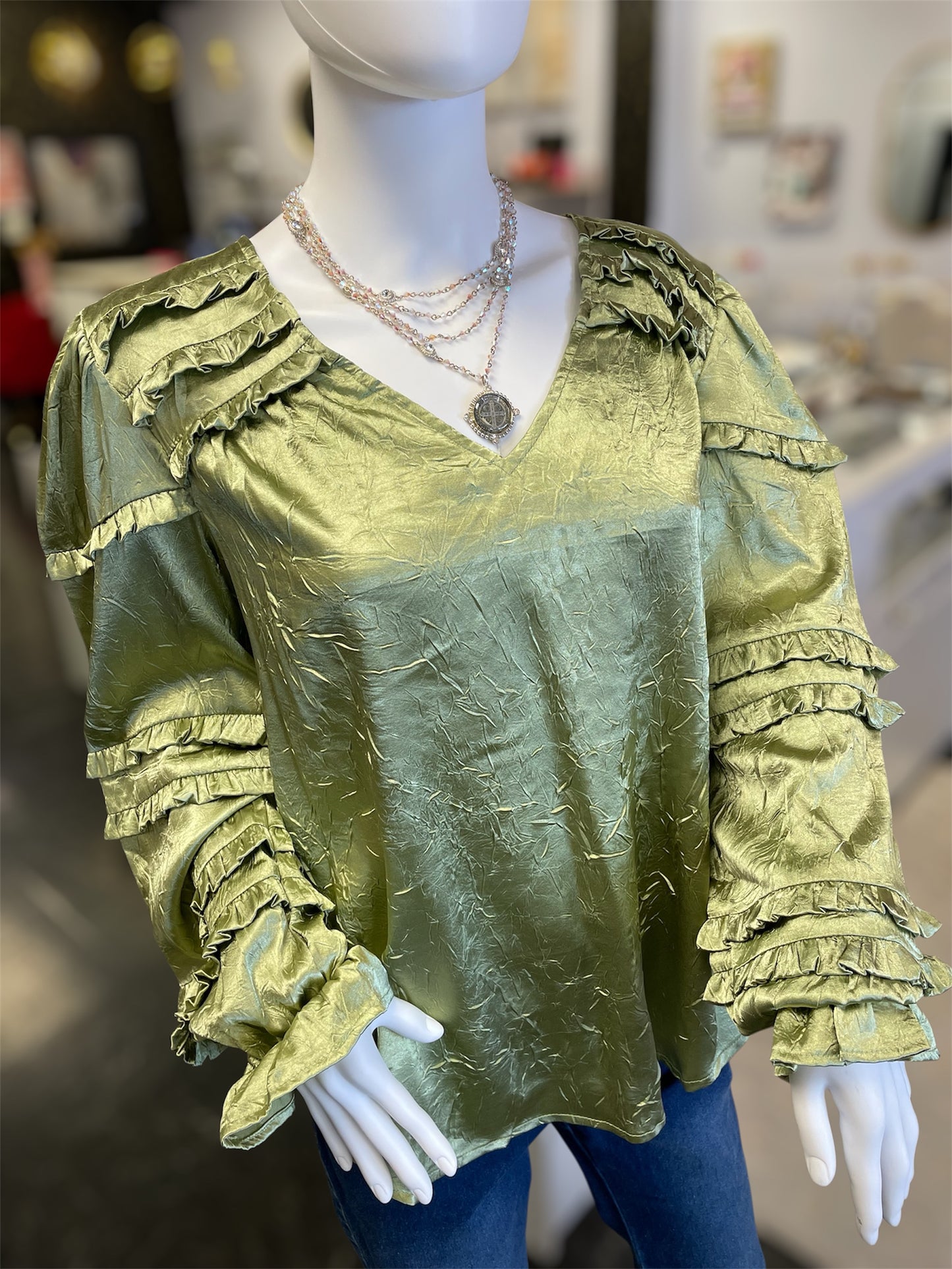 Long Sleeve Ruffle Green Blouse