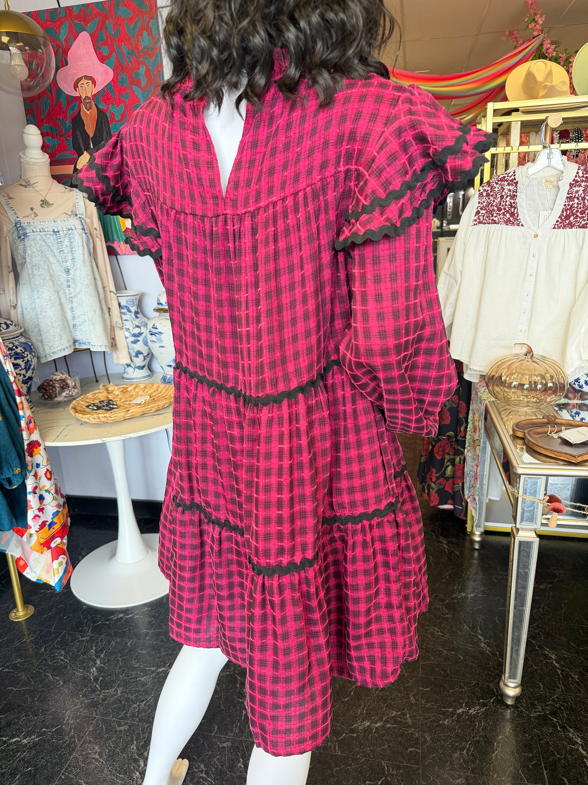 Fuchsia & Black Gingham Flutter Sleeve Dress