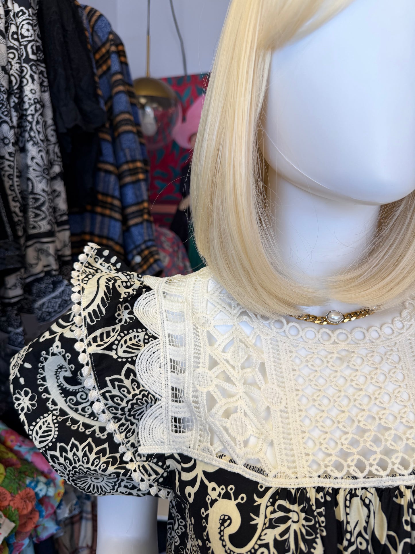 Paisley Print Black & White Puff Sleeve Dress