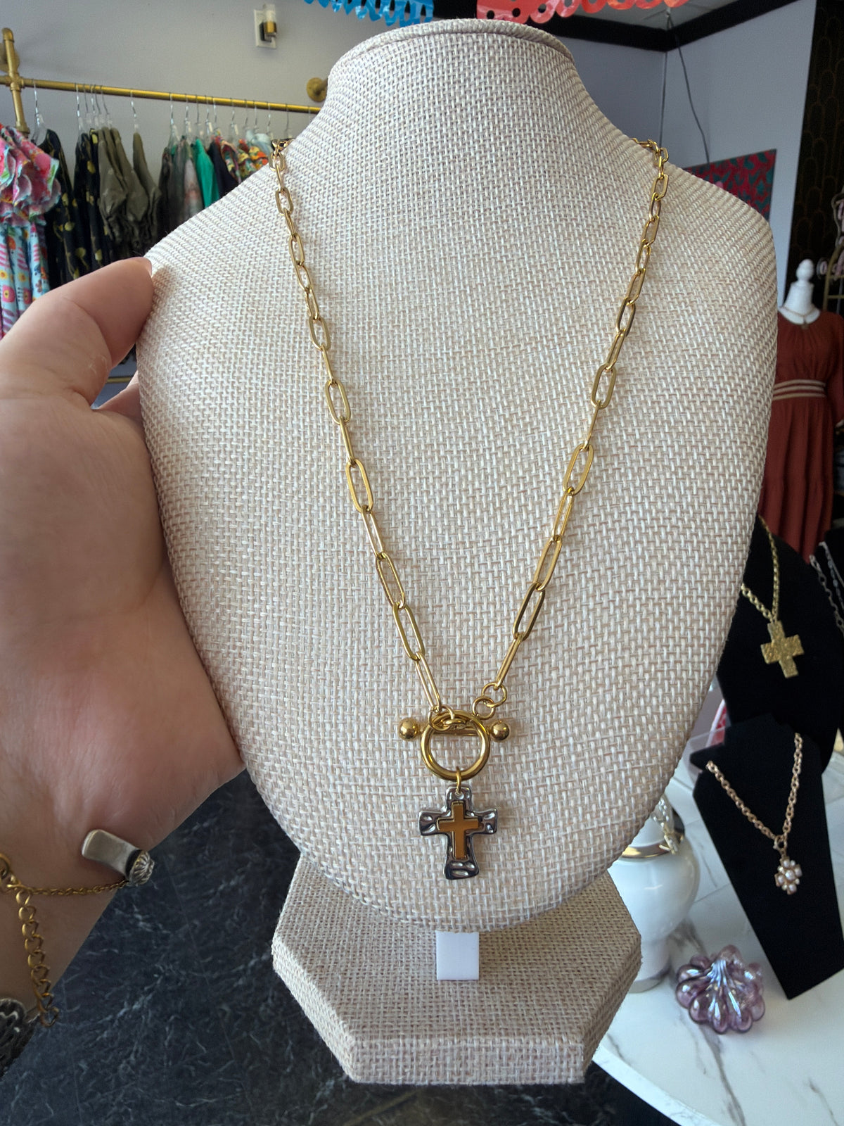 Stainless Paperclip Cross Toggle Necklaces