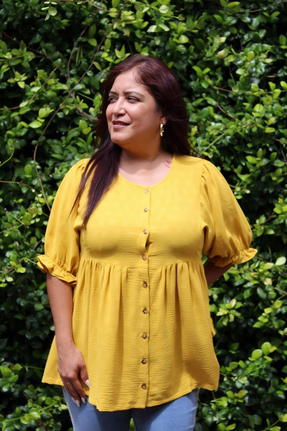 MUSTARD BABYDOLL BUTTON DOWN TOP